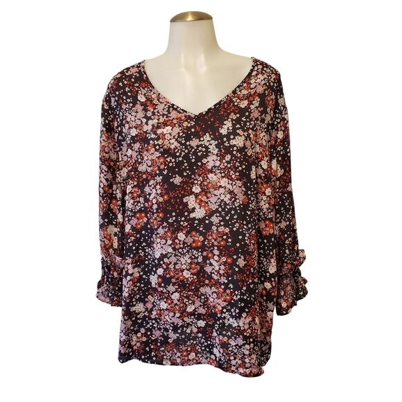 Est 1948 Tunic Blouse 18/20 Black Pink Floral V Neck Gathered 3/4 Sleeve - Picture 1 of 7